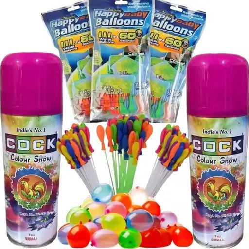 Holi Special Combo – 2 Color Snow Sprays + Magic Balloons Quick Fill Pack (333 Balloons Total)