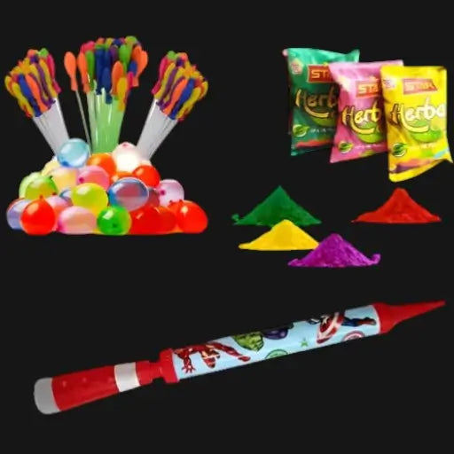AS TOYS Holi Combo – 1 Pipe Pichkari with 3 Herbal Gulal & 111 Magic Balloons