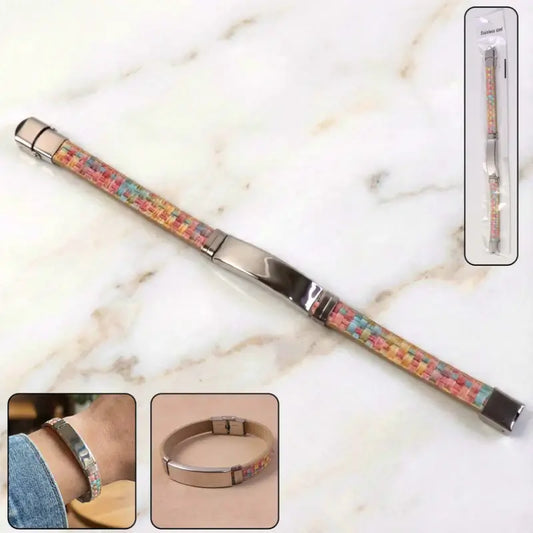 Premium Fancy Stainless Steel Wrist Bracelet with Multicolor Woven Design & Secure Lock Clasp – Unisex Fashion Accessory