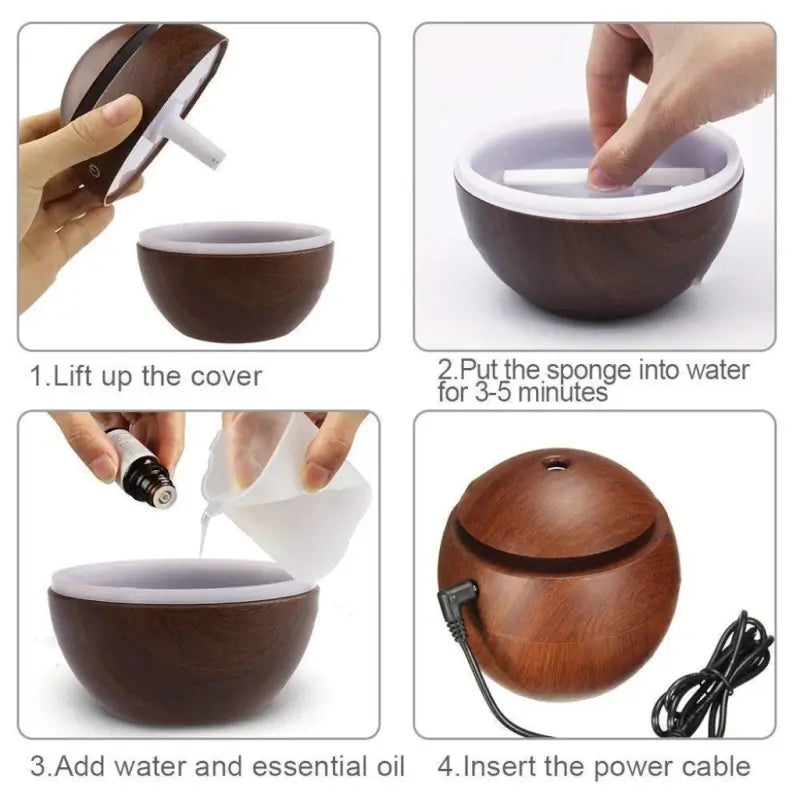 Wooden Cool Mist Humidifier Essential Oil Diffuser with 7 Color LED Night Light USB 130ml